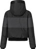 Rückansicht einer schwarzen Daunenjacke mit Kapuze und Farbstreifen.