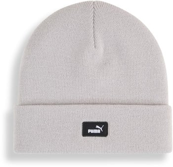 Graue Puma-Strickmütze mit schwarzem Logo auf der Vorderseite.