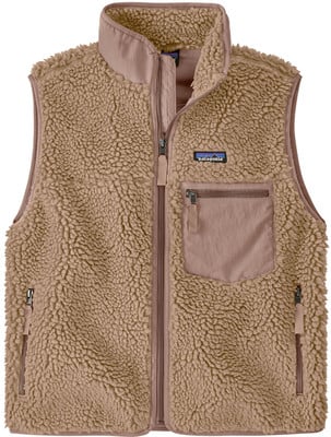 Eine beige Patagonia Fleeceweste mit Reißverschluss und Taschen.