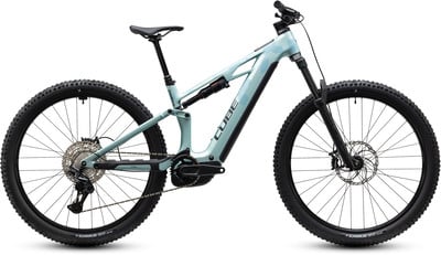 CUBE Fullsuspension E-Bike in mattem Hellblau mit schwarzem Rahmen und Rädern. CUBE Fullsuspension E-Bike in mattem Hellblau mit schwarzem Rahmen und Rädern.