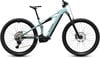 CUBE Fullsuspension E-Bike in mattem Hellblau mit schwarzem Rahmen und Rädern.