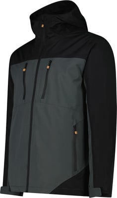 Schwarze Jacke mit Kapuze und dunkelgrauen Einsätzen sowie hölzernen Reißverschlussdetails. Schwarze Jacke mit Kapuze und dunkelgrauen Einsätzen sowie hölzernen Reißverschlussdetails.