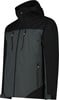 Schwarze Jacke mit Kapuze und dunkelgrauen Einsätzen sowie hölzernen Reißverschlussdetails.