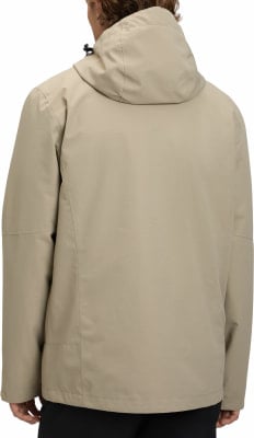 Rückansicht einer beigen Kapuzenjacke mit Kordelzug. Rückansicht einer beigen Kapuzenjacke mit Kordelzug.
