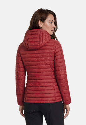 Damen-Steppjacke in Rot mit Kapuze, Rückansicht. Damen-Steppjacke in Rot mit Kapuze, Rückansicht.