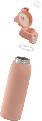 Eine rosa Flasche mit Klappdeckel und Dichtungsring, die Teile sind nebeneinander. Eine rosa Flasche mit Klappdeckel und Dichtungsring, die Teile sind nebeneinander.