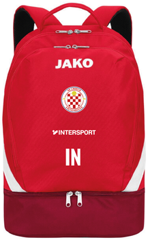 Ein roter Rucksack mit weißem Logo und der Aufschrift IN.