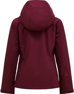 Rückansicht einer dunkelweinroten Skijacke mit Kapuze und Logo am Ärmel. Rückansicht einer dunkelweinroten Skijacke mit Kapuze und Logo am Ärmel.