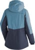Rückansicht einer blauen Damen-Skijacke mit Kapuze und Logo.