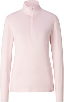 Ein rosa Damenpullover mit Stehkragen und kurzem Reißverschluss.