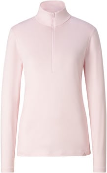 Ein rosa Damenpullover mit Stehkragen und kurzem Reißverschluss.
