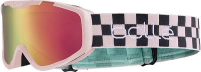 Eine rosa Skibrille mit farbigem Spiegellinsen und kariertem Band. Eine rosa Skibrille mit farbigem Spiegellinsen und kariertem Band.
