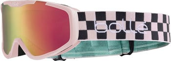 Eine rosa Skibrille mit farbigem Spiegellinsen und kariertem Band.