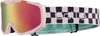 Eine rosa Skibrille mit farbigem Spiegellinsen und kariertem Band.