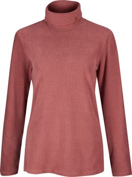 Roter Rollkragenpullover mit feinem Zickzackmuster und Logo am Kragen.