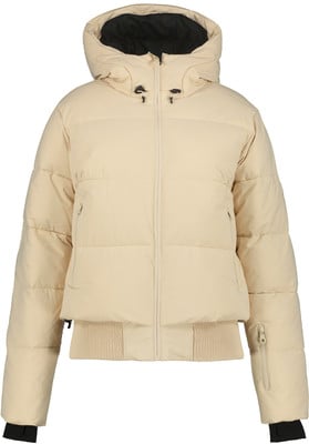 Damen-Daunenjacke in Beige mit Kapuze und Rippbündchen.