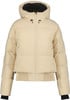 Damen-Daunenjacke in Beige mit Kapuze und Rippbündchen.