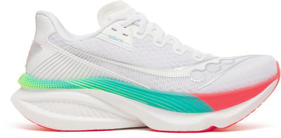 Weiße Laufschuhe mit farbiger Sohle und Markenlogo. Weiße Laufschuhe mit farbiger Sohle und Markenlogo.