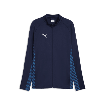Marineblaue Puma-Jacke mit weißem Logo und blauem Muster an den Ärmeln. Marineblaue Puma-Jacke mit weißem Logo und blauem Muster an den Ärmeln.