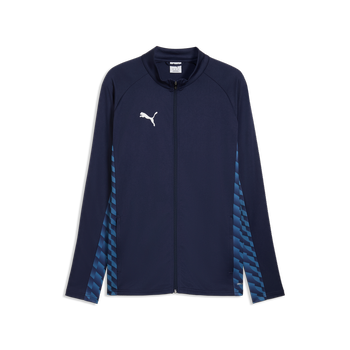 Marineblaue Puma-Jacke mit weißem Logo und blauem Muster an den Ärmeln.