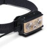 Schwarze Stirnlampe mit zwei großen LEDs und Ladeanschluss.