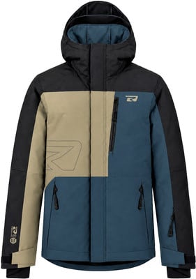 Bunte Herren-Winterjacke mit Kapuze und R-Logo. Bunte Herren-Winterjacke mit Kapuze und R-Logo.