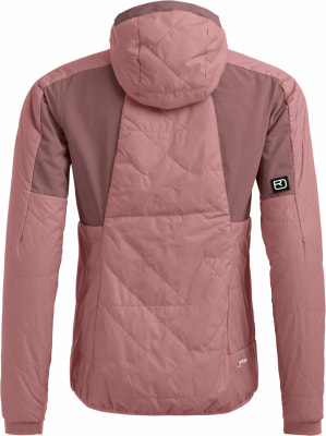 Rückansicht einer rosafarbenen gesteppten Jacke mit Kapuze und dunkleren Einsätzen. Rückansicht einer rosafarbenen gesteppten Jacke mit Kapuze und dunkleren Einsätzen.