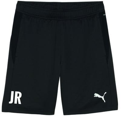 Schwarze Puma-Shorts mit weißer Aufschrift JR und Logo.