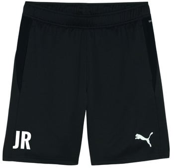 Schwarze Puma-Shorts mit weißer Aufschrift JR und Logo.