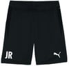 Schwarze Puma-Shorts mit weißer Aufschrift JR und Logo.