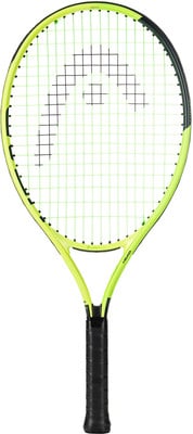Ein Tennisschläger mit schwarzem Griffband und gelbem Rahmen mit HEAD-Logo. Ein Tennisschläger mit schwarzem Griffband und gelbem Rahmen mit HEAD-Logo.
