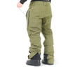 Grüne Snowboardhose mit schwarzen Stiefeln und verstellbarem Bund.