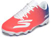 Fußballschuhe in Rosa und Blau mit weißen Schnürsenkeln und auffälligem Logo.
