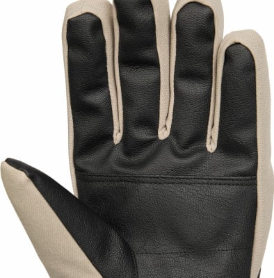 Nahaufnahme eines schwarzen Lederhandschuhs mit beigen Stoffelementen. Nahaufnahme eines schwarzen Lederhandschuhs mit beigen Stoffelementen.