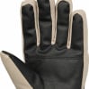 Nahaufnahme eines schwarzen Lederhandschuhs mit beigen Stoffelementen.