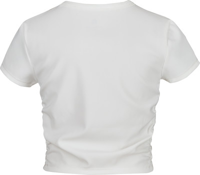 Weißes Kurzarm-Cropped-Shirt mit gerüschten Seiten.