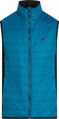 Blaue gesteppte Weste mit schwarzen Seiten und Logo auf der Brust. Blaue gesteppte Weste mit schwarzen Seiten und Logo auf der Brust.