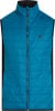 Blaue gesteppte Weste mit schwarzen Seiten und Logo auf der Brust.