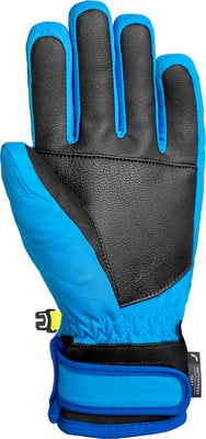 Blauer Skihandschuh mit schwarzer Handfläche und verstellbarem Riemen. Blauer Skihandschuh mit schwarzer Handfläche und verstellbarem Riemen.