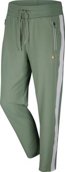 Grüne Sporthose mit Kordelzug in der Taille und weißem Streifen.