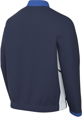 Rückansicht einer dunkelblauen Jacke mit blauem Kragen und weißen Seitenteilen. Rückansicht einer dunkelblauen Jacke mit blauem Kragen und weißen Seitenteilen.