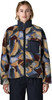 Damen-Fleecejacke mit buntem Patchwork-Muster und dunkelblauem Kragen.