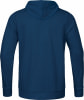 Rückansicht eines dunkelblauen Hoodies mit langen Ärmeln.