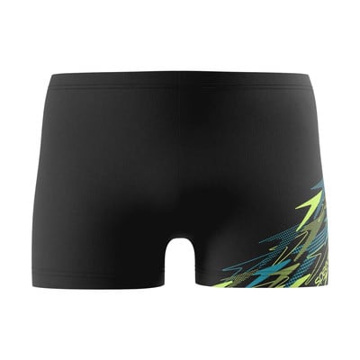 Černé plavky s modro-zeleným geometrickým vzorem na boku. Černé plavky s modro-zeleným geometrickým vzorem na boku.