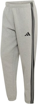 Graue Adidas Trainingshose mit schwarzen Streifen und Logo.
