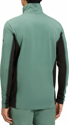 Grüne Herrenjacke mit schwarzen Seitenpaneelen und hohem Kragen.