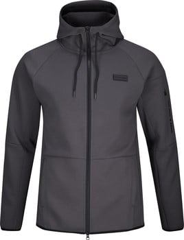 Grauer Herren-Hoodie mit schwarzem Logo auf der Brust.