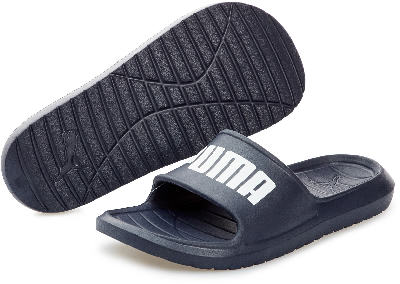 Dunkelblaue Puma-Slipper mit weißem Logo und gemusterter Sohle. Dunkelblaue Puma-Slipper mit weißem Logo und gemusterter Sohle.