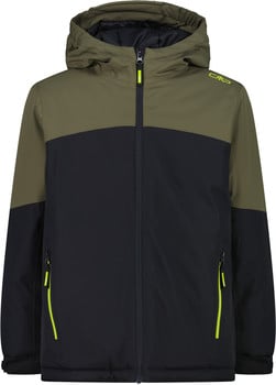 Kinderjacke CMP mit Kapuze in Khaki und Schwarz mit gelben Details.