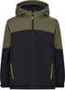 Kinderjacke CMP mit Kapuze in Khaki und Schwarz mit gelben Details.